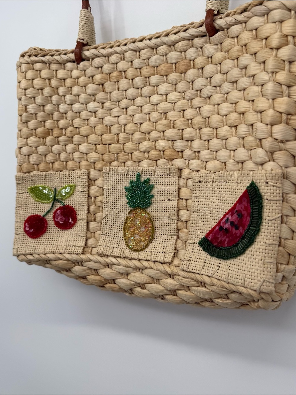 Unbranded Straw Tote Bag Fruit Print Beaded Gingham Boho Cherry Vacation - Picture 6 of 16